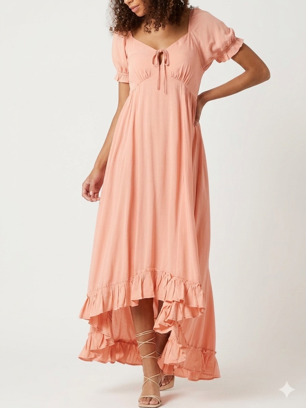 PATRONS OF PEACE Puff S-Sleeves Tie Front V-Neck High-Low Maxi Dress Coral XS